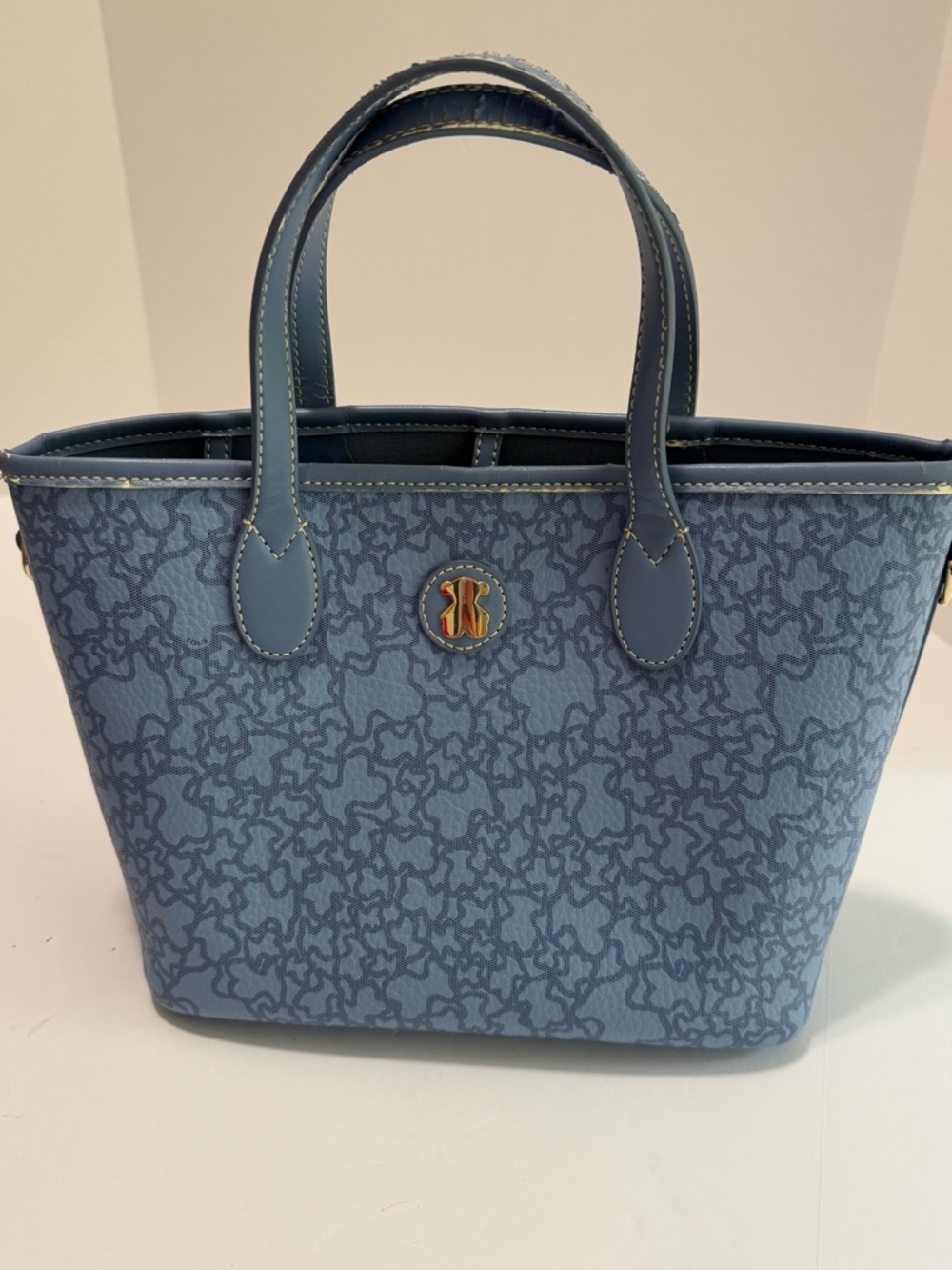 TOUS Kaos Bear Monogram Blue Tote & Wristlet Pouch Set Gold Tone - Picture 3 of 17